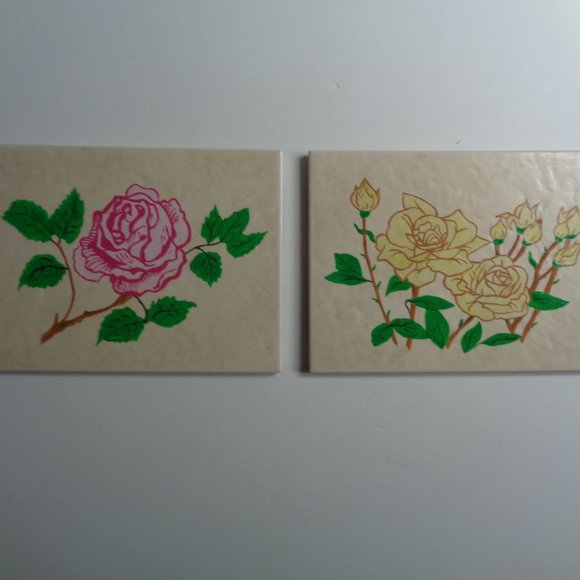 Vintage Pink and Yellow Rose Tiles from Spain, a Pair